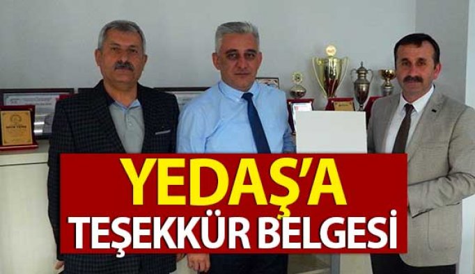 Yedaş'a Teşekkür Belgesi