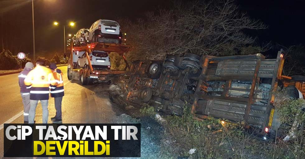 Samsun'da cip taşıyan tır devrildi