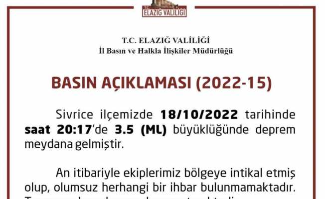 Elazığ’da 3.5 büyüklüğünde deprem