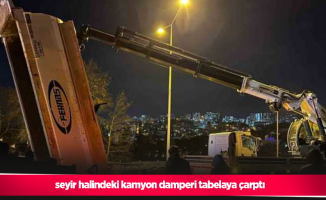 Seyir halindeki kamyon damperi tabelaya çarptı